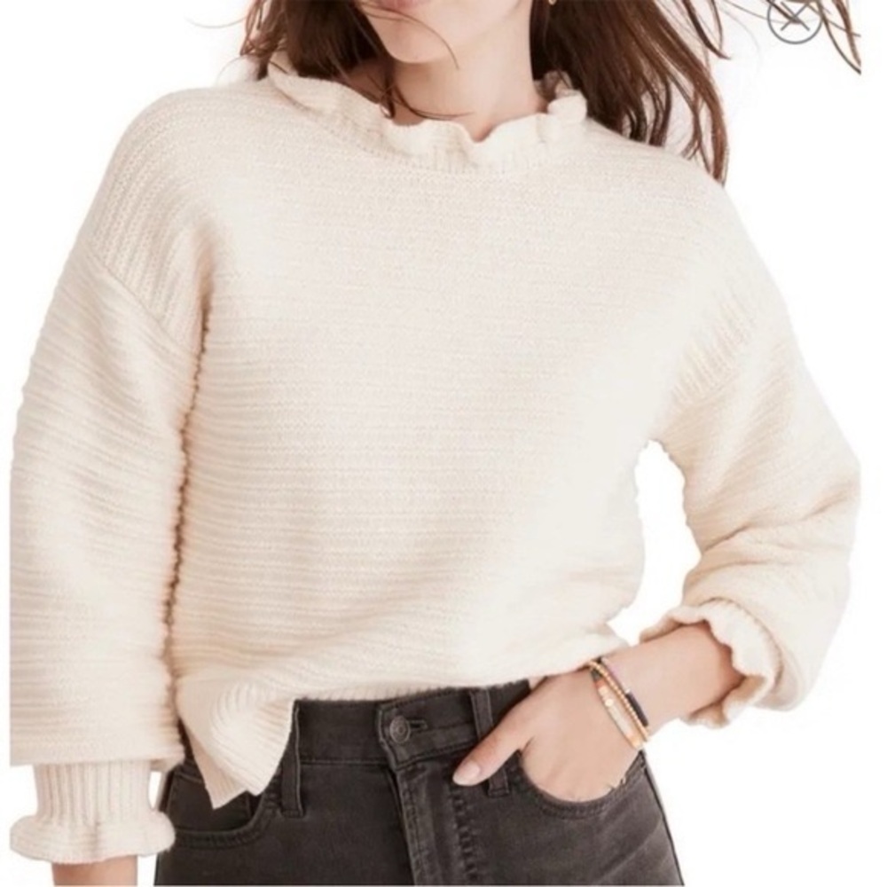 ✨MADEWELL Ruffle Neck Pullover Sweater in Cotton Merino Yarn Cream Sz L
